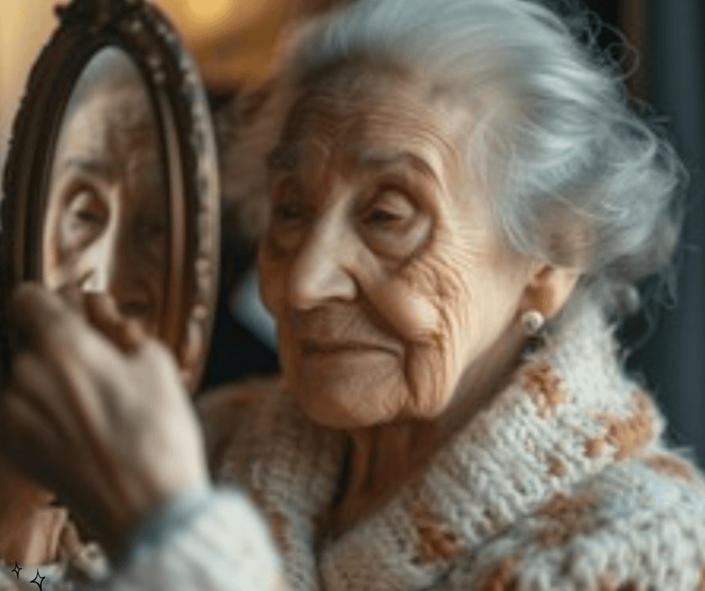 Elderly woman with white hair gazing into a hand mirror, wearing a knitted sweater, in soft lighting. - Home Instead