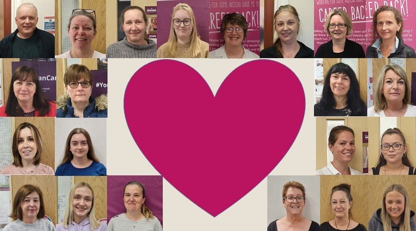 Collage of smiling people with a large pink heart in the center. - Home Instead