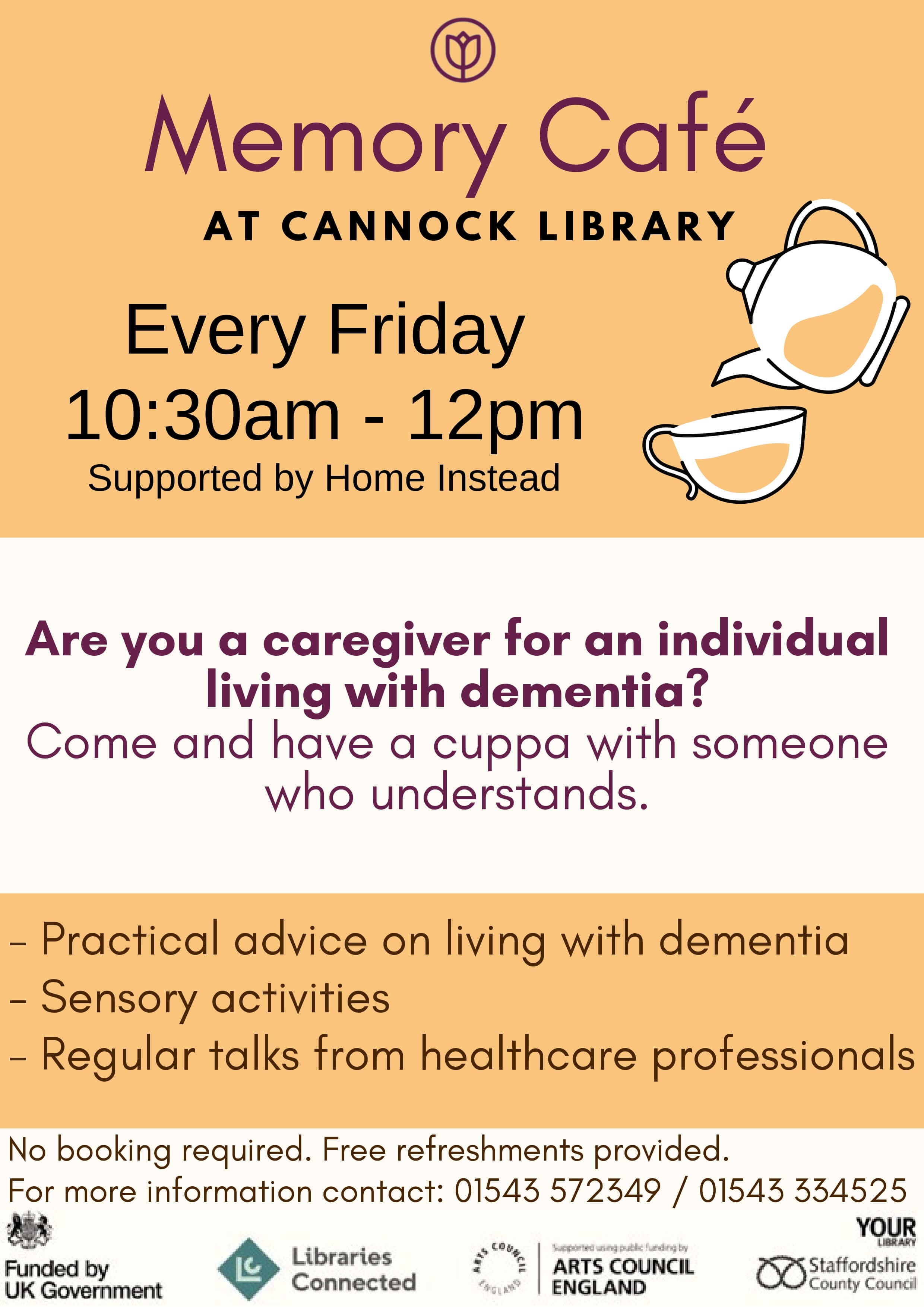 Flyer for “Memory Café” at Cannock Library for dementia caregivers, Fridays 10:30am–12pm, free refreshments. - Home Instead