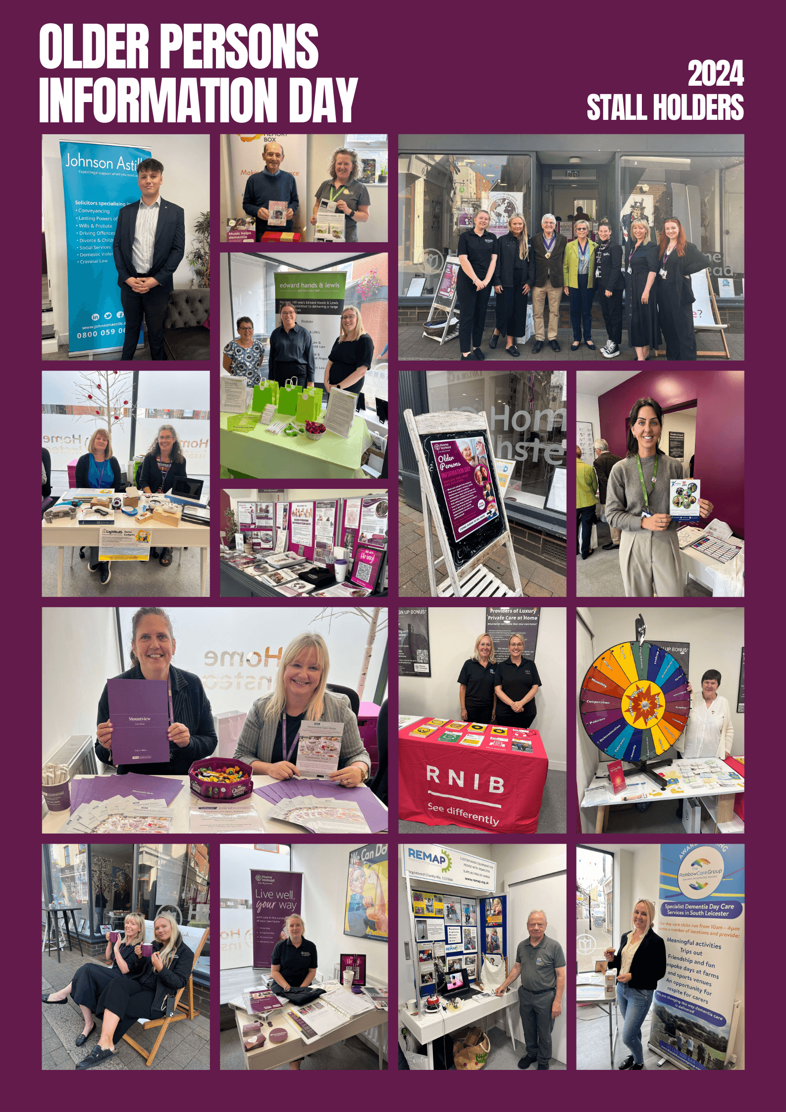 Collage of various stalls and representatives at the 2024 Older Persons Information Day event. - Home Instead