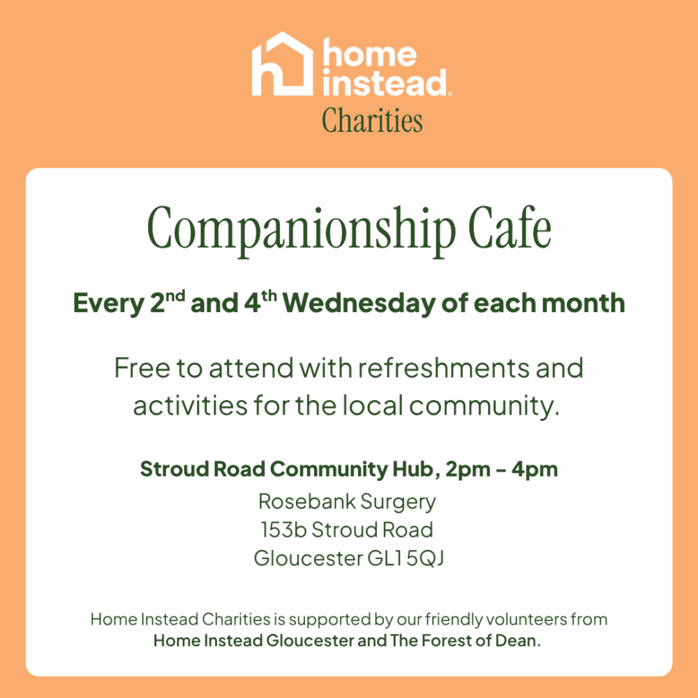 Flyer for a Companionship Cafe, held every 2nd and 4th Wednesday, 2-4pm, in Gloucester. - Home Instead