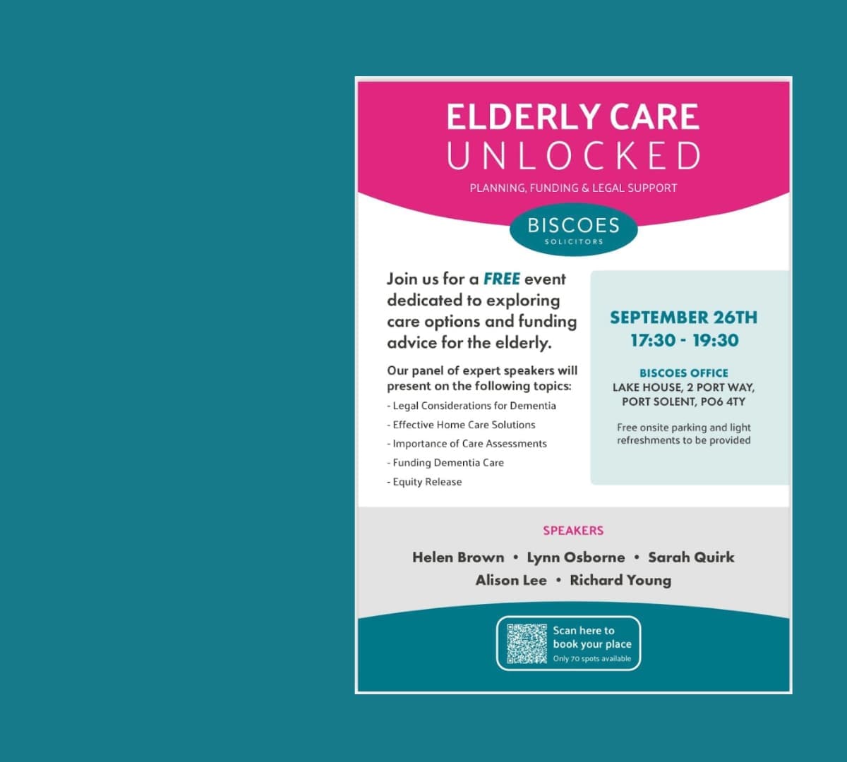 A digital poster invite for Elderly Care Unlocked happening on September 26 at Lake House