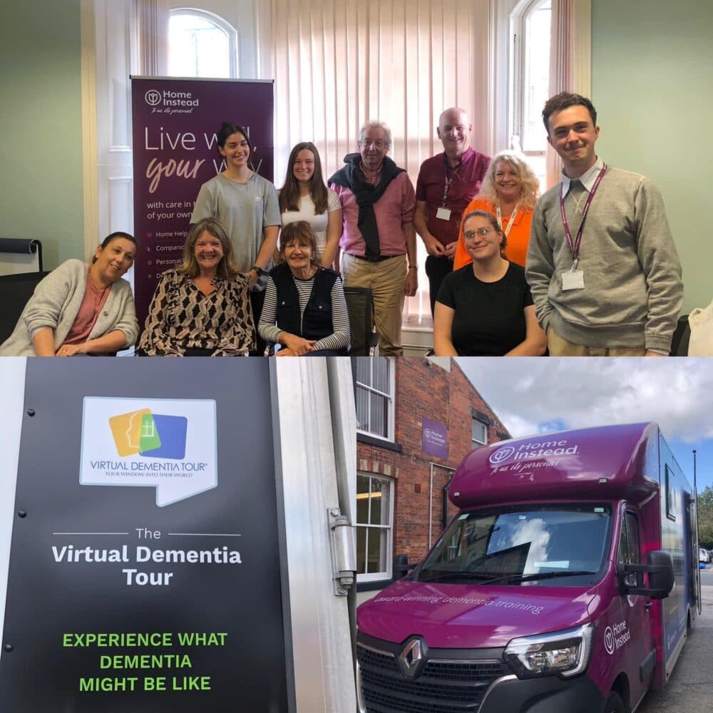 A group photo of smiling people indoors; below, a purple "Virtual Dementia Tour" van is parked outside. - Home Instead