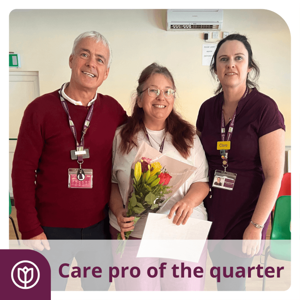 Mark and Clare with Rachel who received Care pro of the quarter award