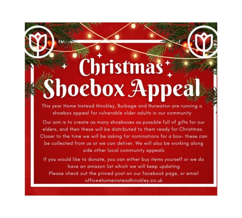 Christmas shoebox apparel poster in color red with home instead logo and christmas lights photo