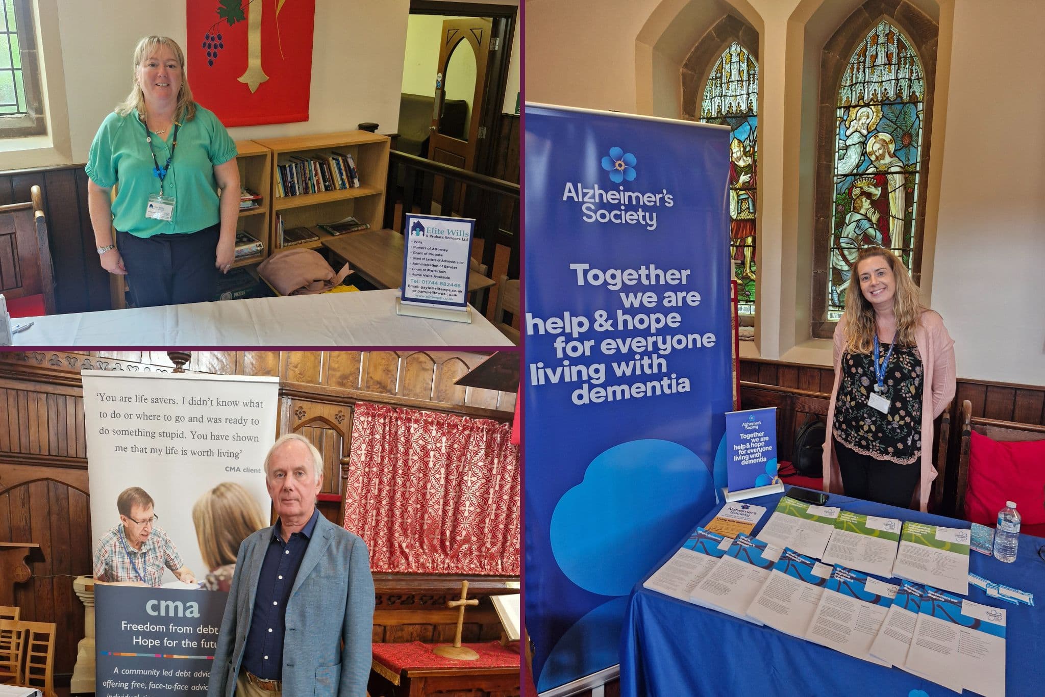 Open Community Hub at Emmanuel Church Ormskirk with Alzheimer's Society, Elite Wills and Probate Services, and West Lancashire Debt Advice