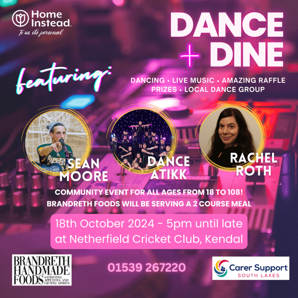 Event poster for "Dance + Dine" with live music, dance, and food, featuring Sean Moore, Dance Atikk, and Rachel Roth. - Home Instead