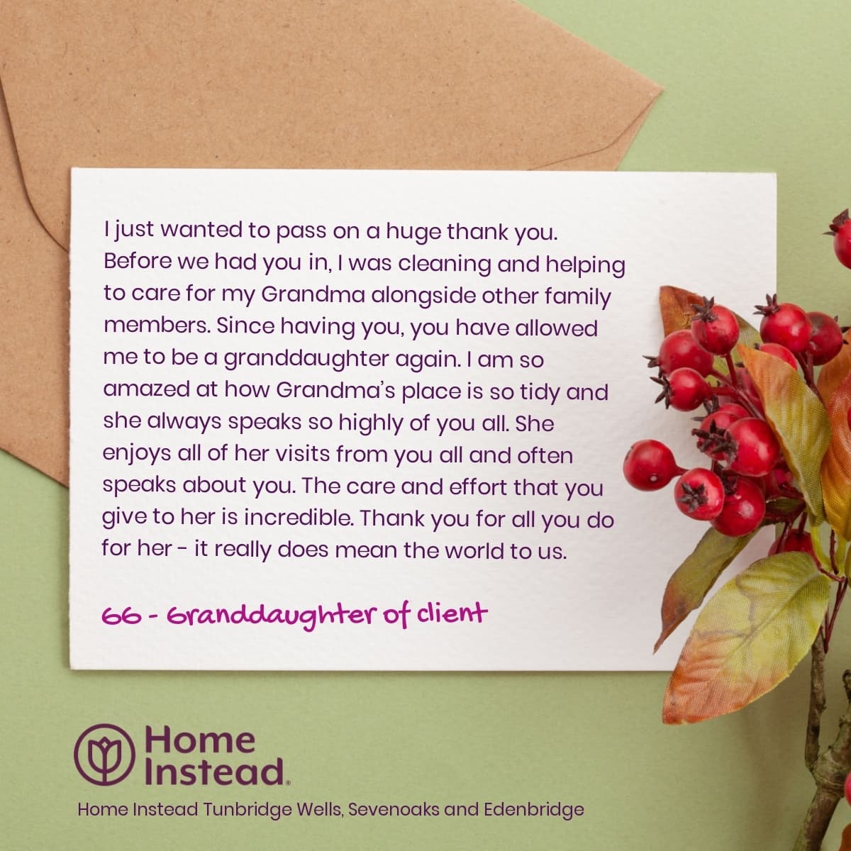 Thank you card with a message from a granddaughter, surrounded by berries and an envelope. - Home Instead