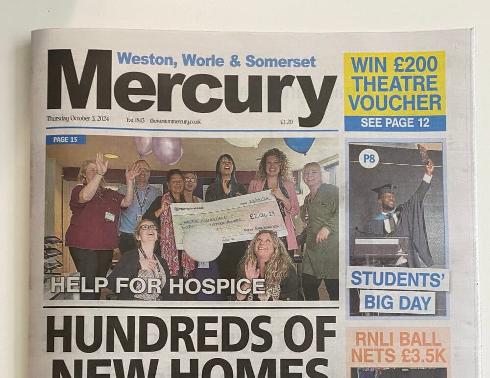 Home Instead Weston super Mare featured on the front page of the Weston, Worle and Somerset Mercury October 2024