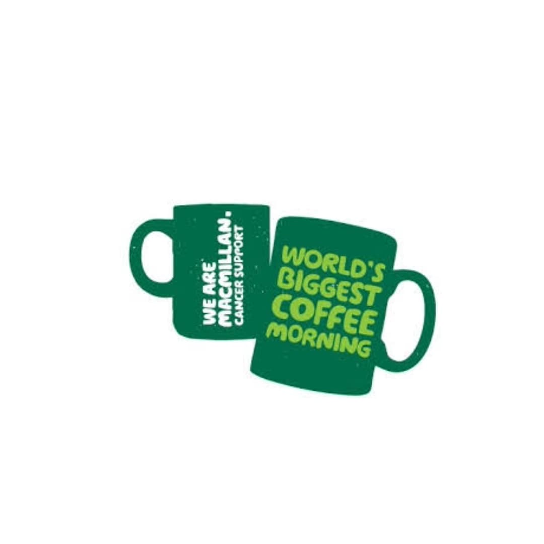 Two green mugs with texts: "We are Macmillan Cancer Support" and "World's Biggest Coffee Morning. - Home Instead