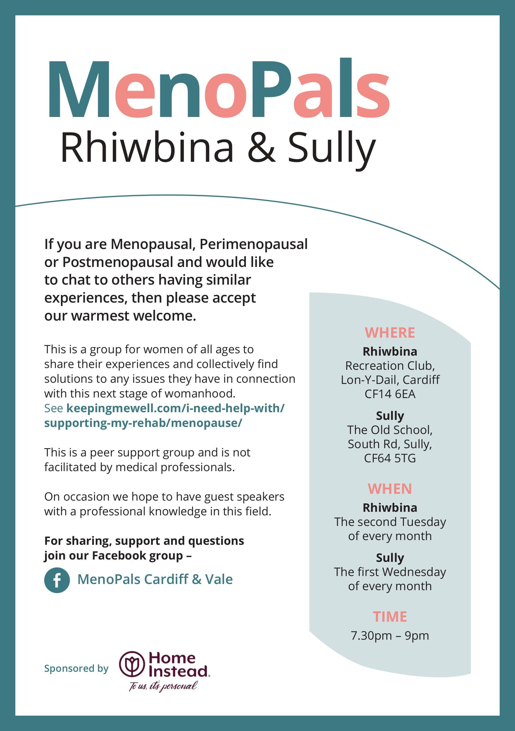 Flyer for MenoPals support group meetings held on the first Wednesday each month in Cardiff and Sully. - Home Instead