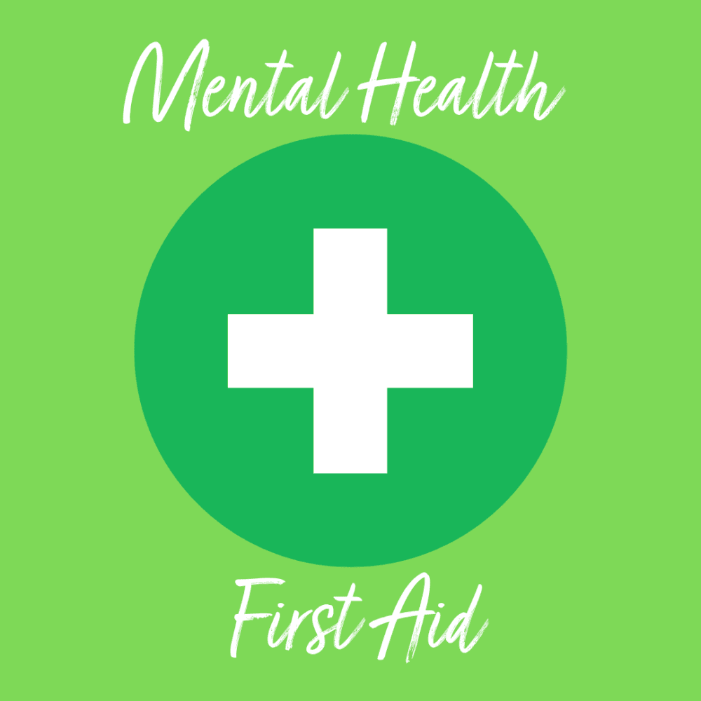 Green background with a green circle and white cross, text reads "Mental Health First Aid". - Home Instead
