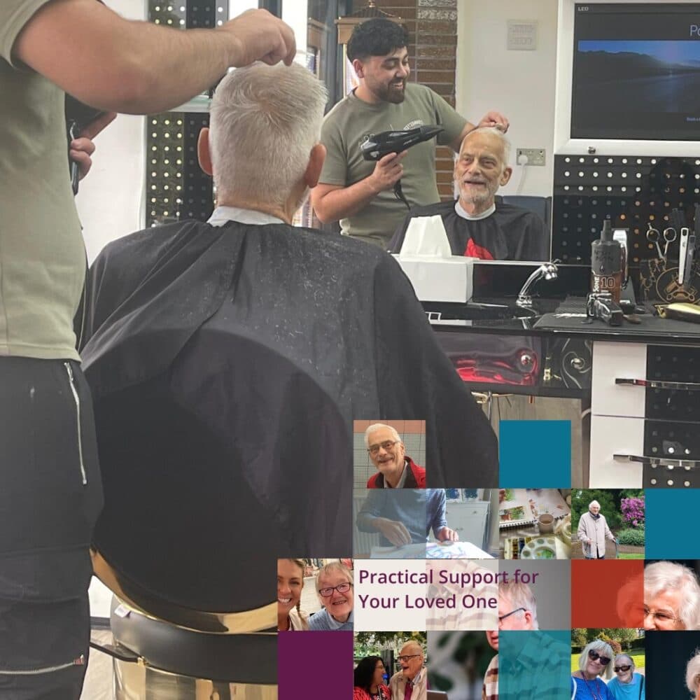 Client living with Alzhiemers having a chat whist having his hair cut, companionship care with Home Instead