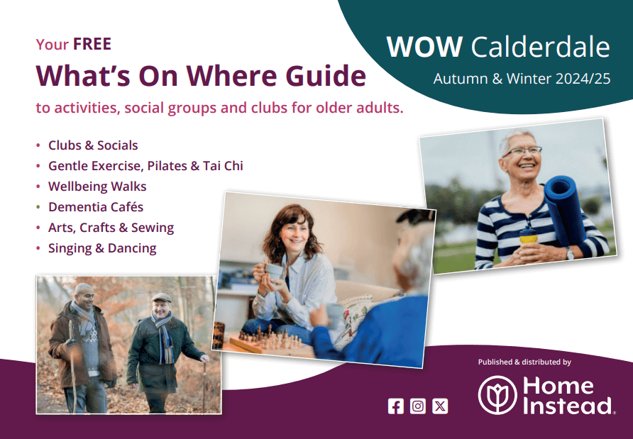 Flyer for Home Instead's WOW Calderdale guide, showing older adults engaged in various activities and socializing.