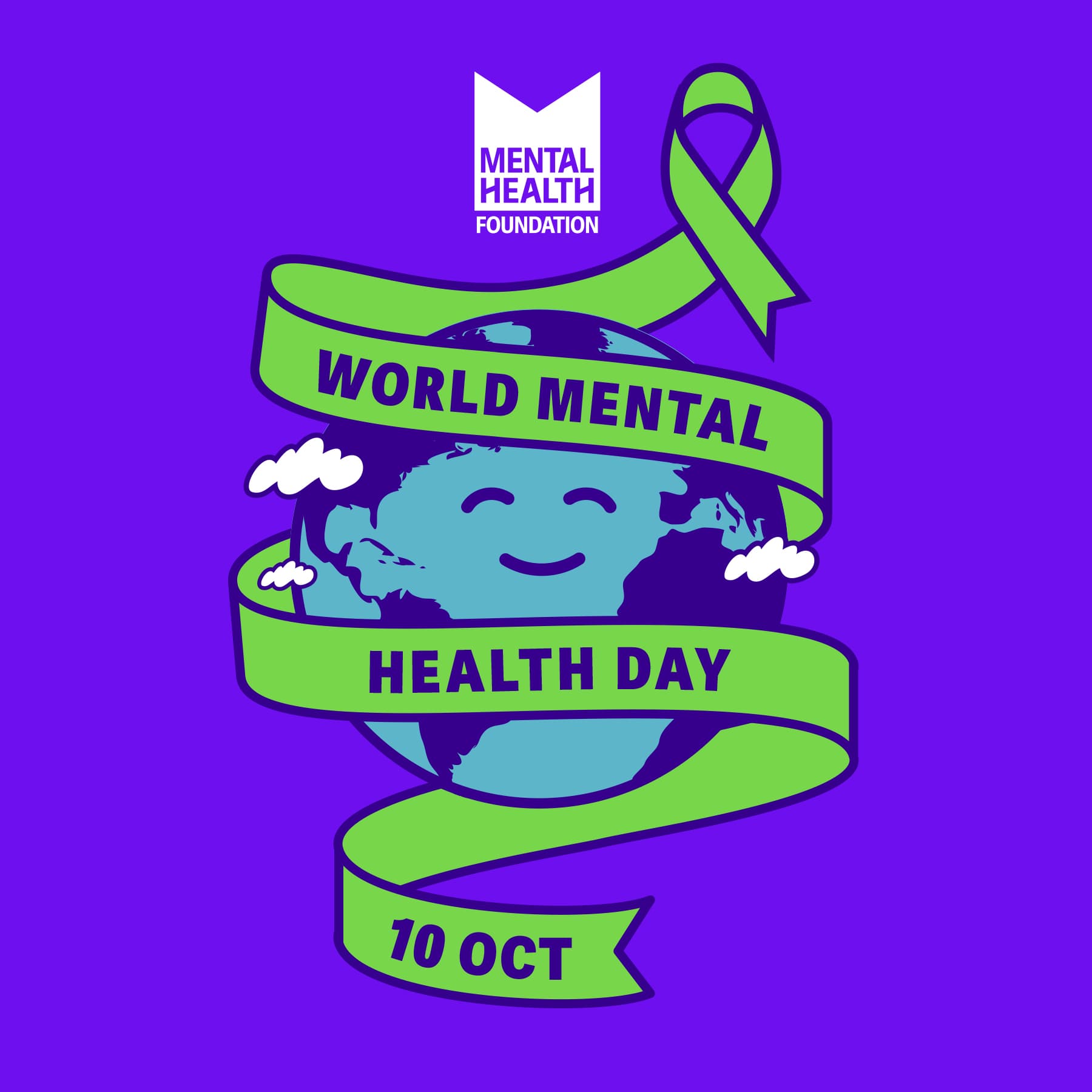 Smiling Earth with green ribbon for World Mental Health Day, dated 10 Oct, on purple background. - Home Instead