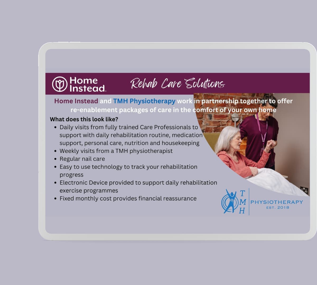 A poster for TMH Physiotherapy with details of the services indicated