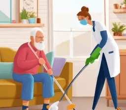 A nurse wearing a mask helps an elderly man with a crutch in a cozy living room. - Home Instead