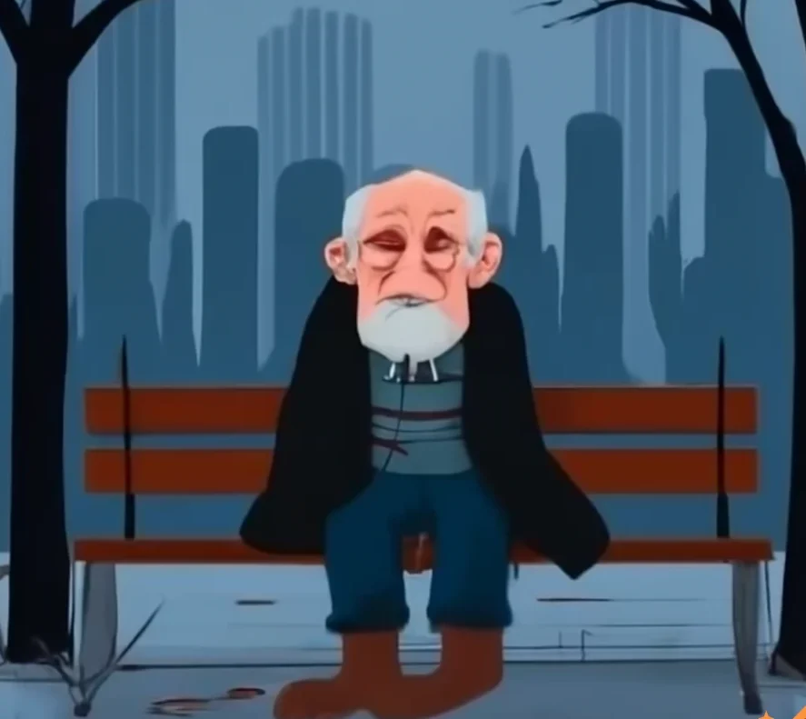 An elderly man sits alone on a park bench in a city, looking sad and hunched over, with bare trees around him. - Home Instead