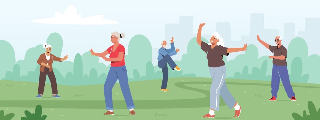 Elderly people exercising in a park, performing stretches and movements in a lively group. - Home Instead