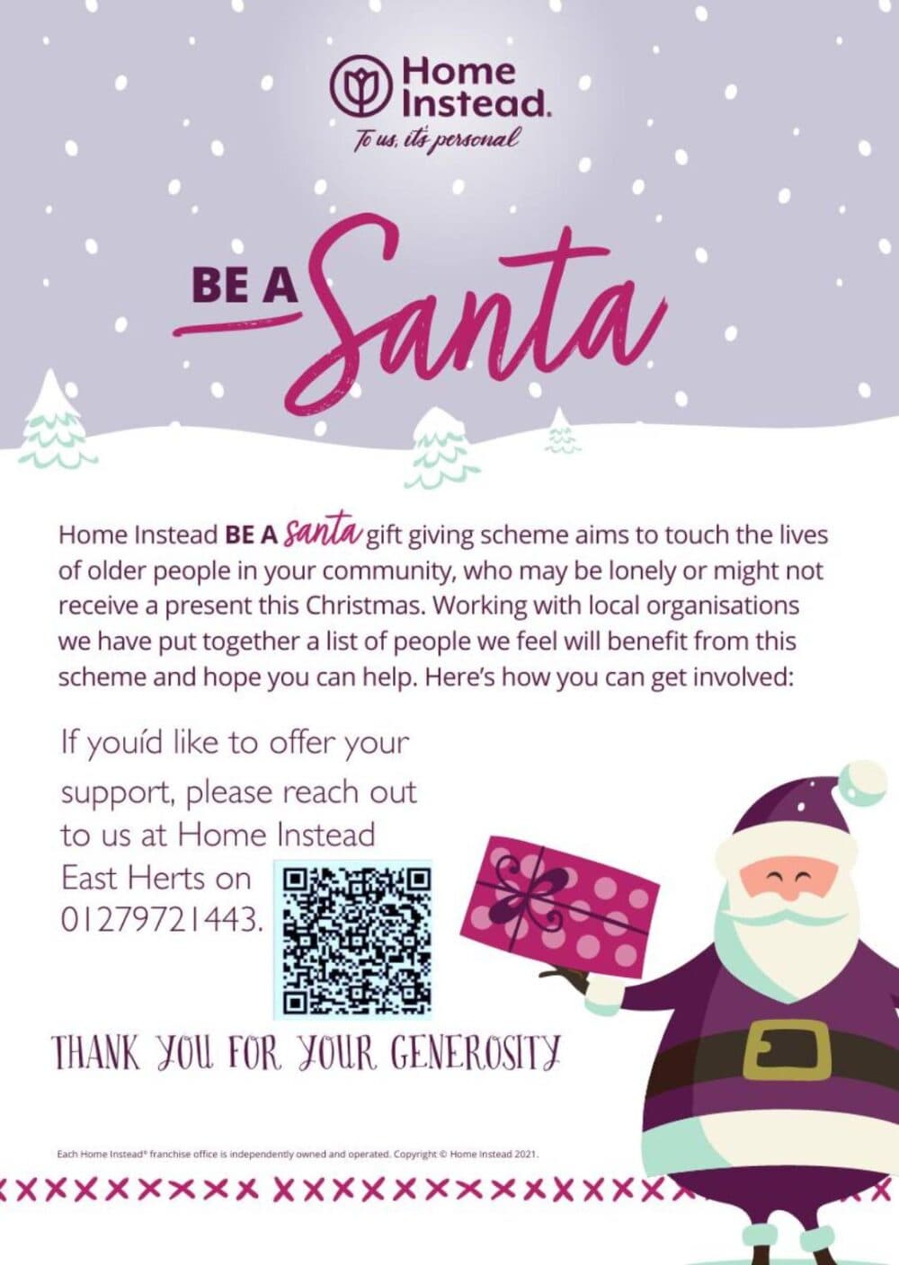 Illustrated Santa holding a gift, text about a gift-giving scheme for older people during Christmas by Home Instead. - Home Instead