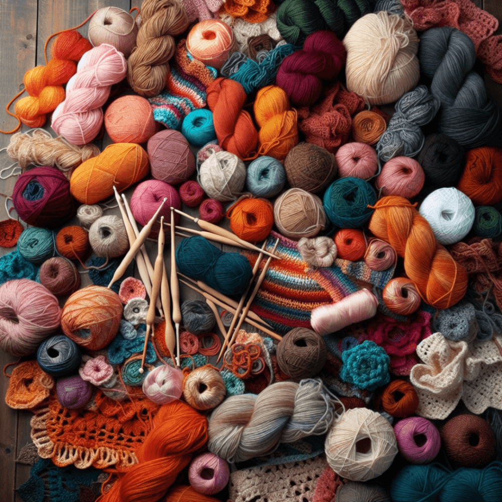 Colorful yarn balls, various knit and crochet pieces, and wooden needles scattered on a wooden surface. - Home Instead