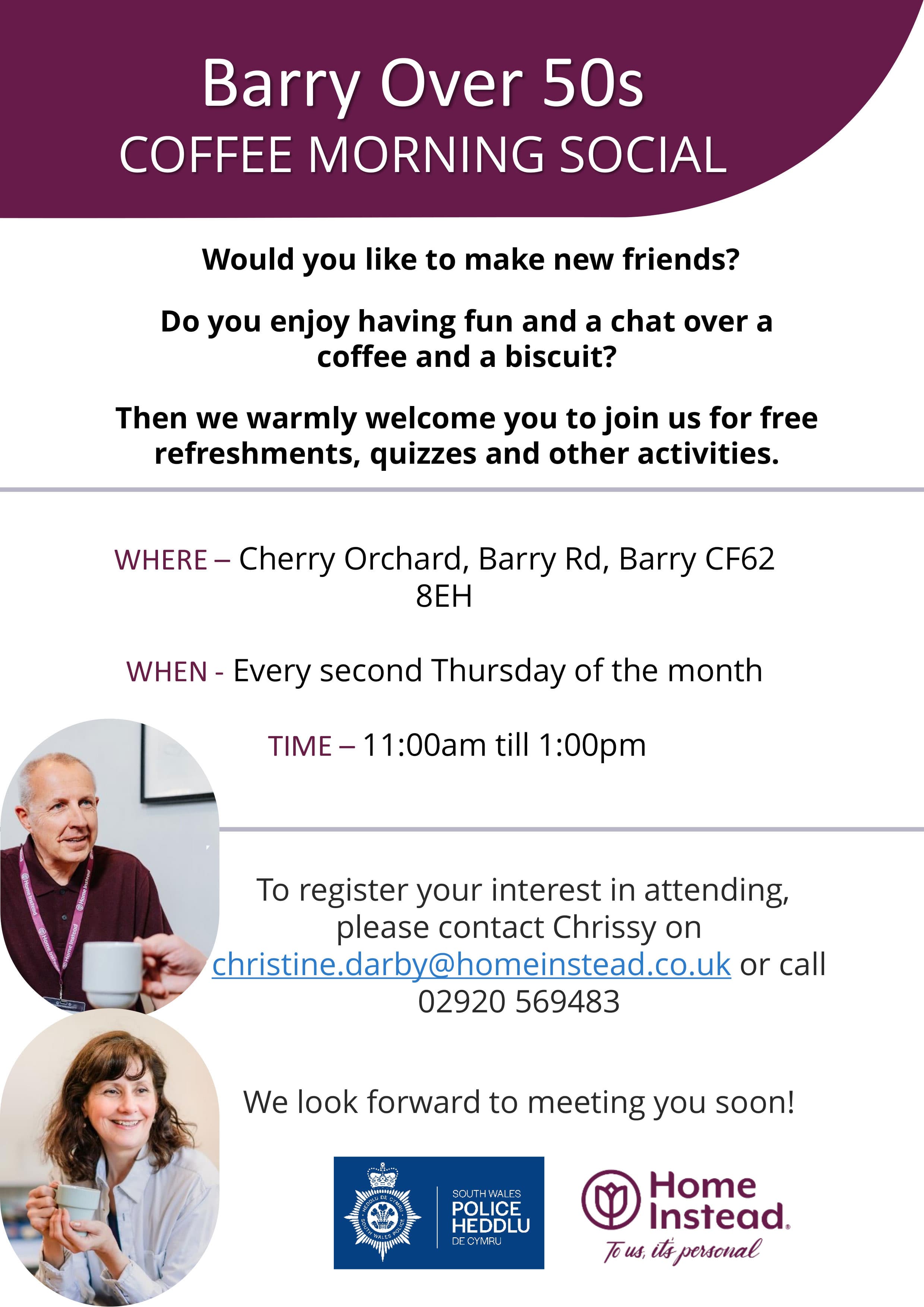 Flyer for "Barry Over 50s Coffee Morning Social" with event details, logos, and a photo of seniors chatting. - Home Instead