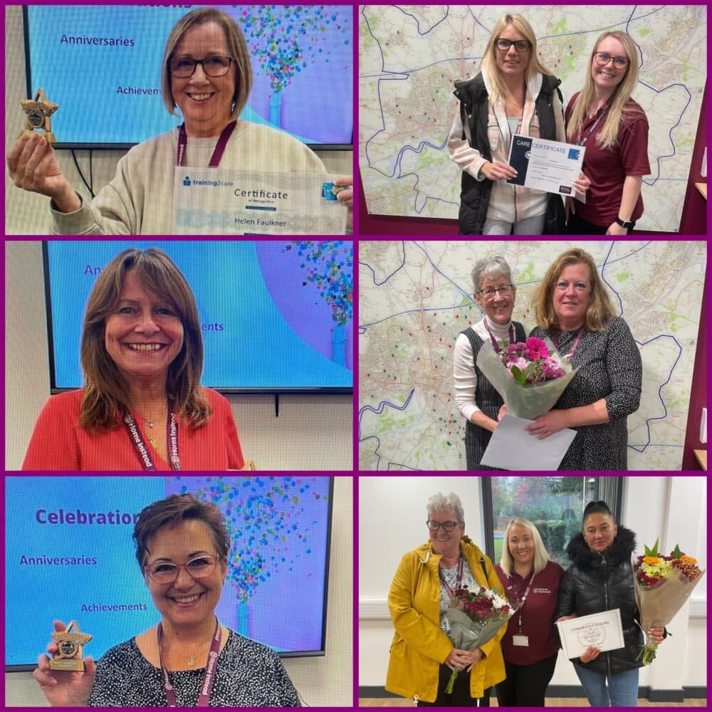 A collage of women receiving awards, holding certificates, flowers, and smiling in celebratory settings. - Home Instead