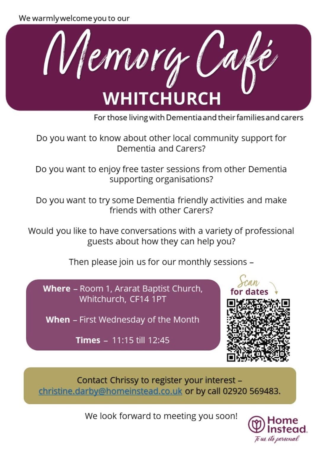 Poster for Memory Café in Whitchurch with event details, QR code, and contact info for dementia support sessions. - Home Instead