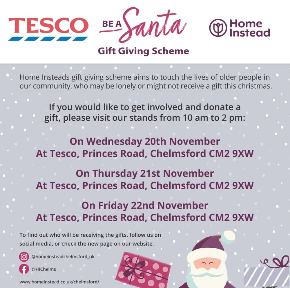 Tesco and Home Instead poster about a Christmas gift giving scheme for older people, with event dates and location. - Home Instead