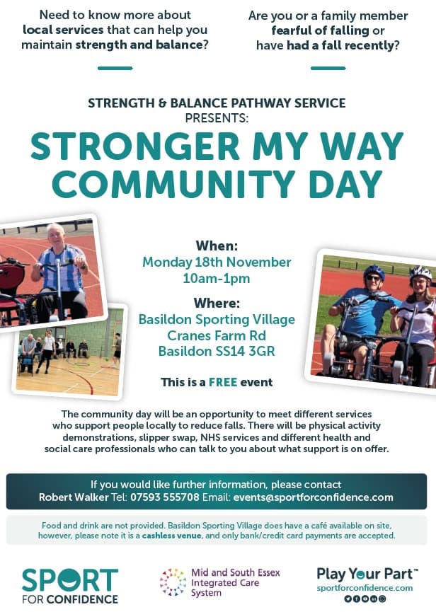 Flyer for "Stronger My Way Community Day" event with details, logos, and photos of active older adults. - Home Instead