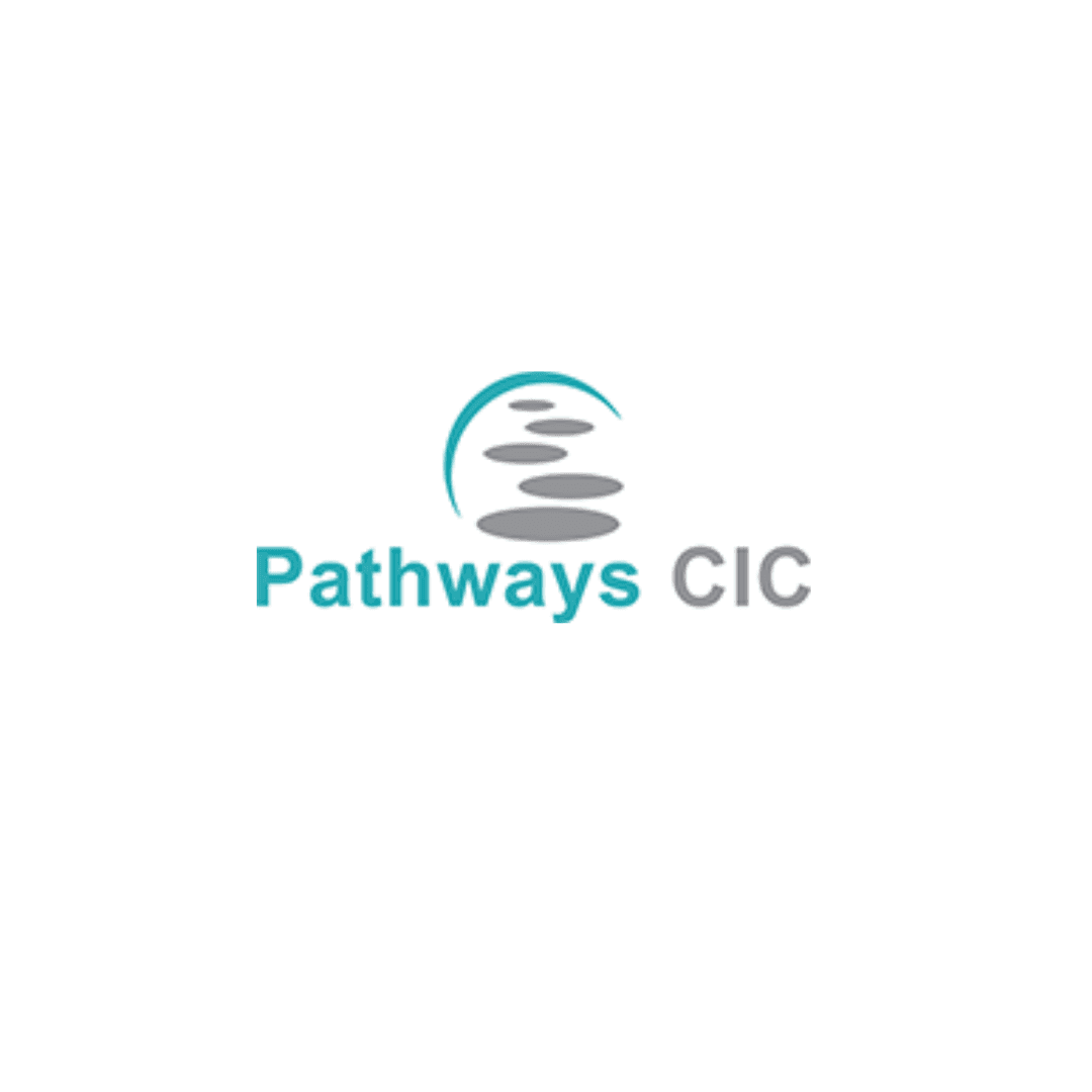 Pathways CIC logo with grey stones stacked and a teal curved line above the text "Pathways CIC". - Home Instead
