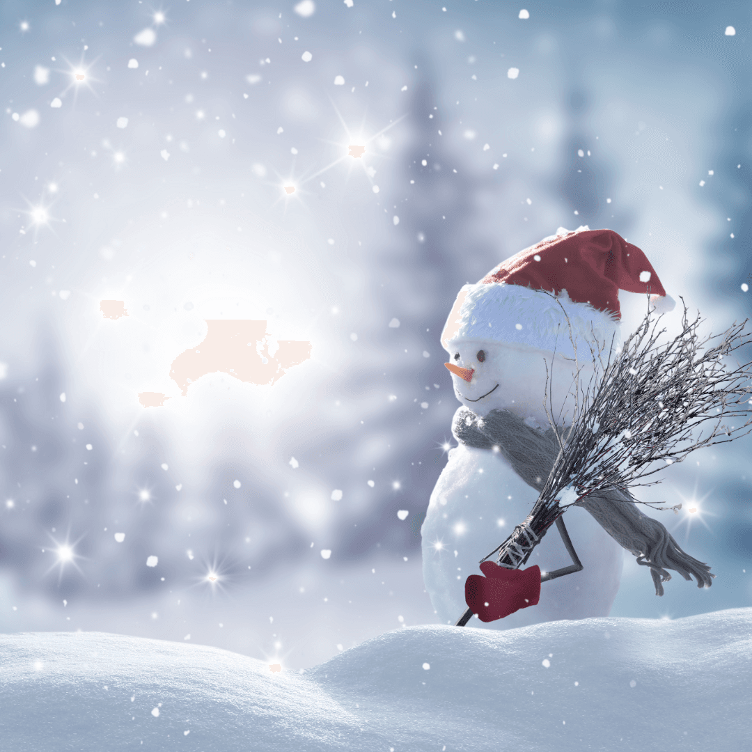 A snowman in a Santa hat and scarf holds a broom, standing in a snowy winter landscape with sparkling lights. - Home Instead