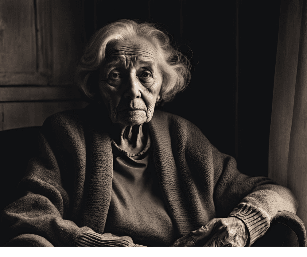 Elderly woman with white hair sits in a dimly lit room, wearing a cardigan and looking thoughtfully ahead. - Home Instead
