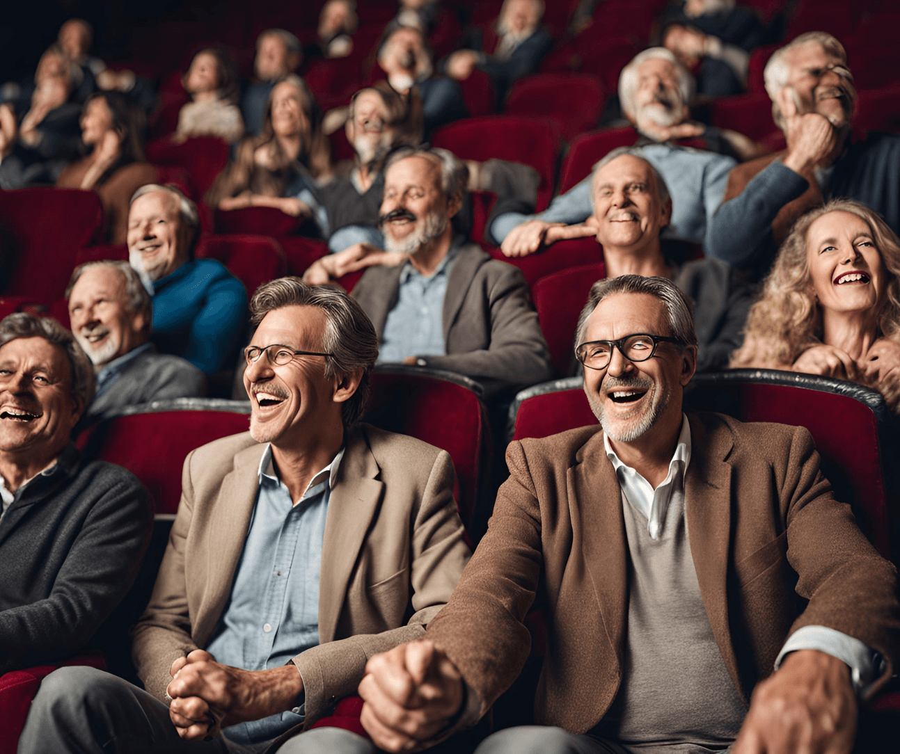 A group of adults laughing and enjoying a performance while seated in a theater audience. - Home Instead