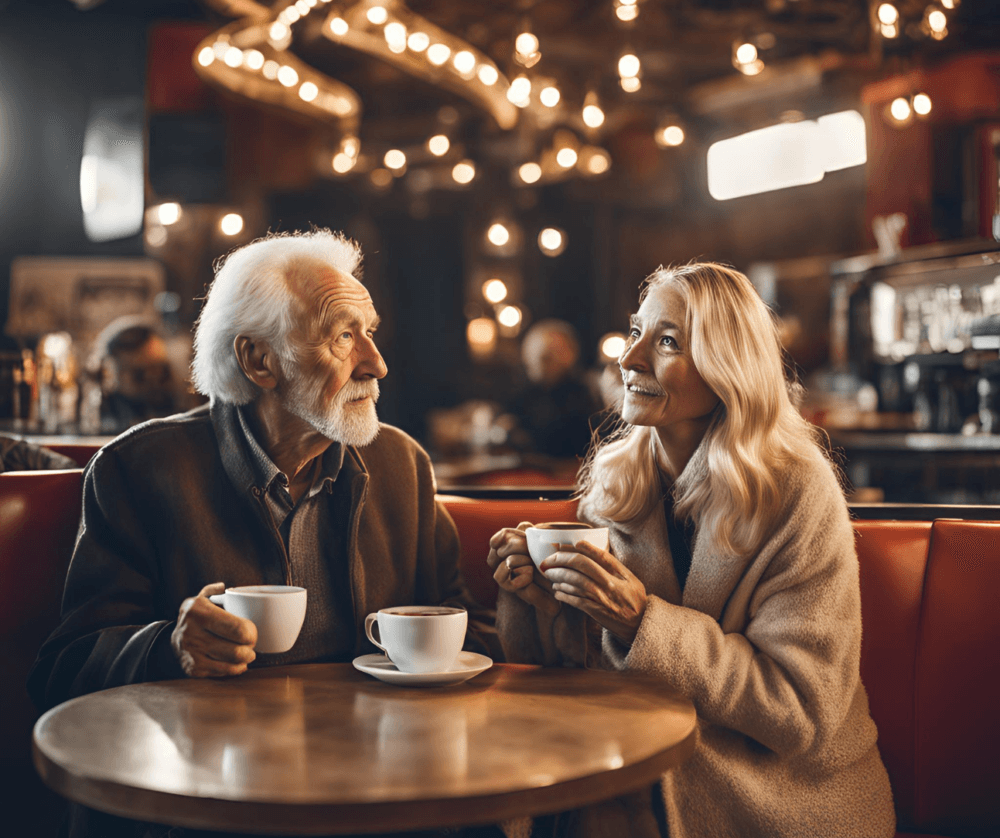 An elderly couple enjoys coffee together at a warmly lit café, smiling and conversing at a round table. - Home Instead