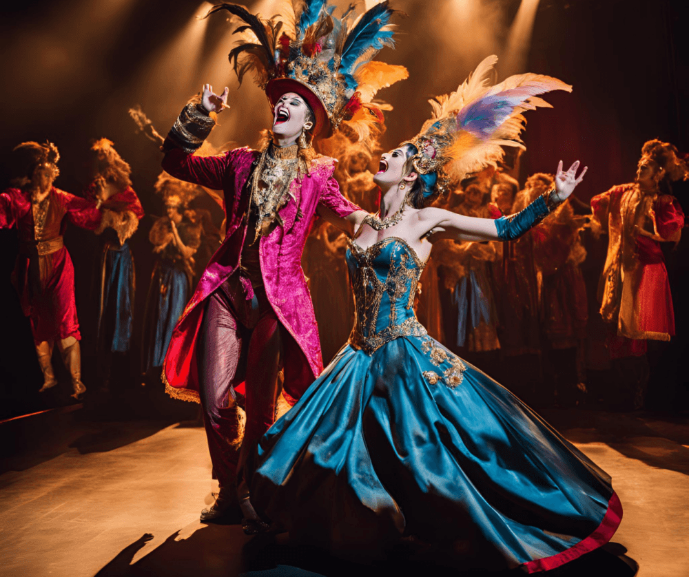 Two performers in elaborate, colorful costumes sing passionately on stage with a lively chorus behind them. - Home Instead