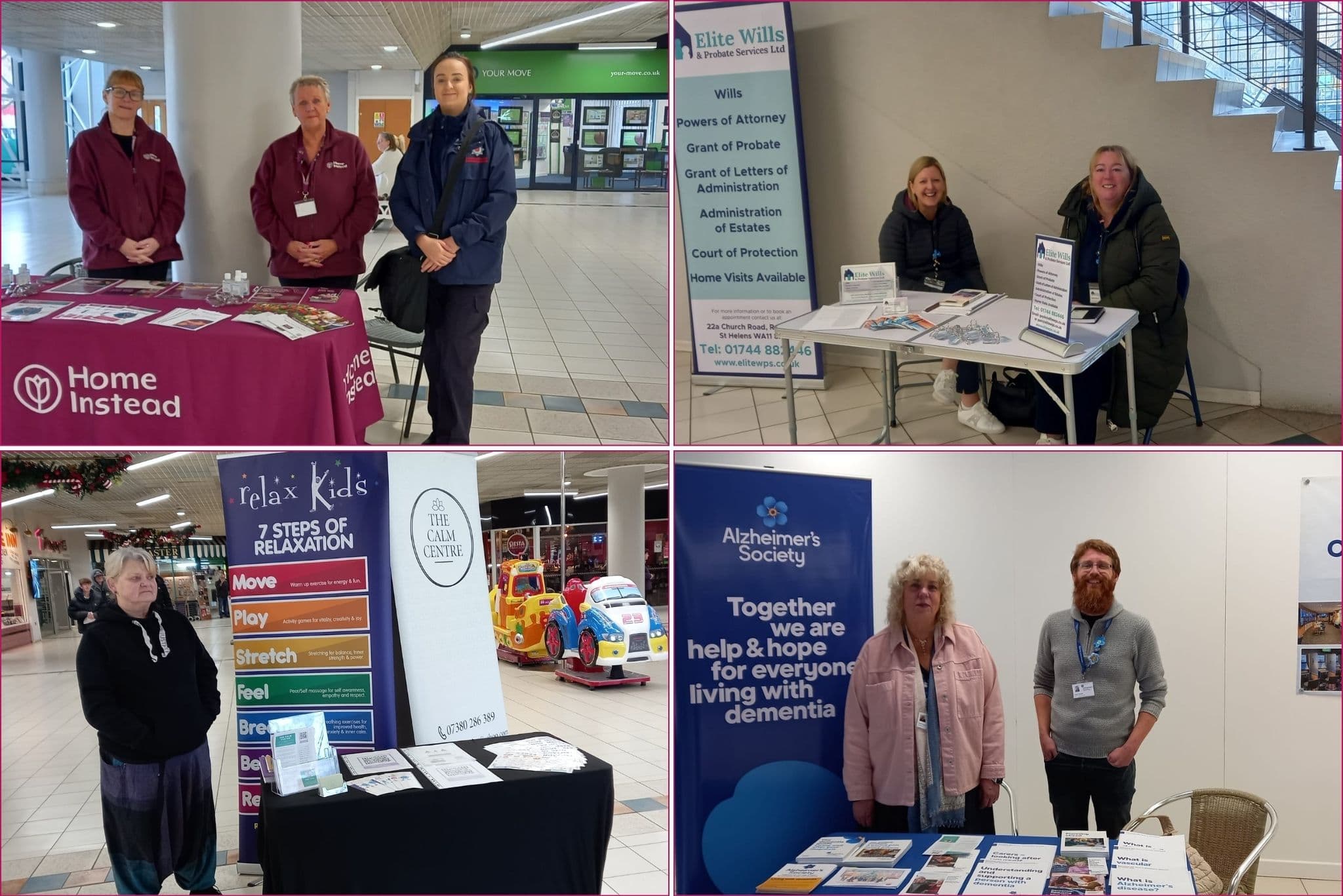 healthcare hub event at skelmersdale concourse shopping centre with guest attendees Lancashire Fire and Rescue Service, Alzheimer's Society, Elite Wills & Probate Services, and The Calm Centre of West Lancs