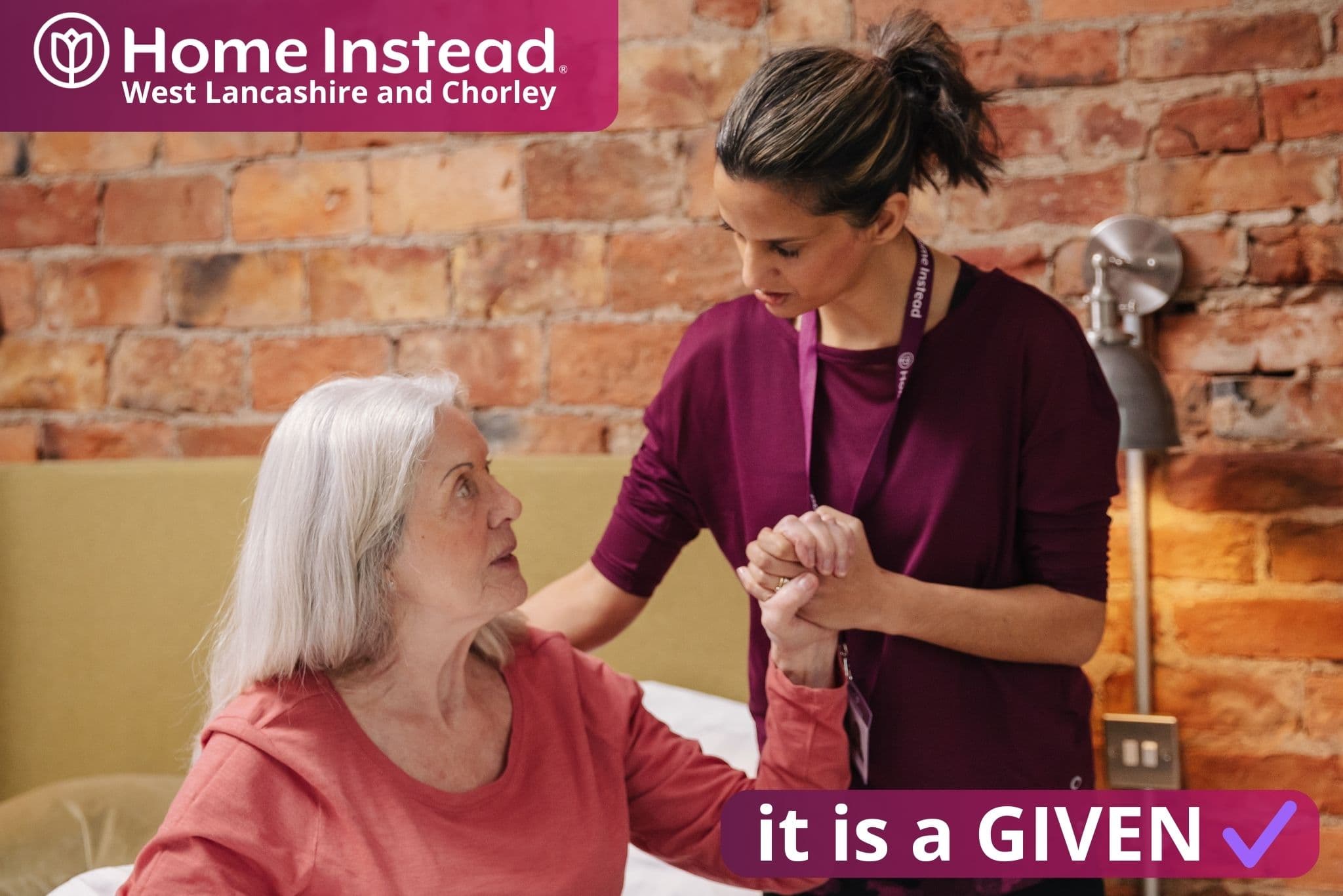 Care Professional assisting Client out of bed, as part of the expected care that we go above and beyond to deliver