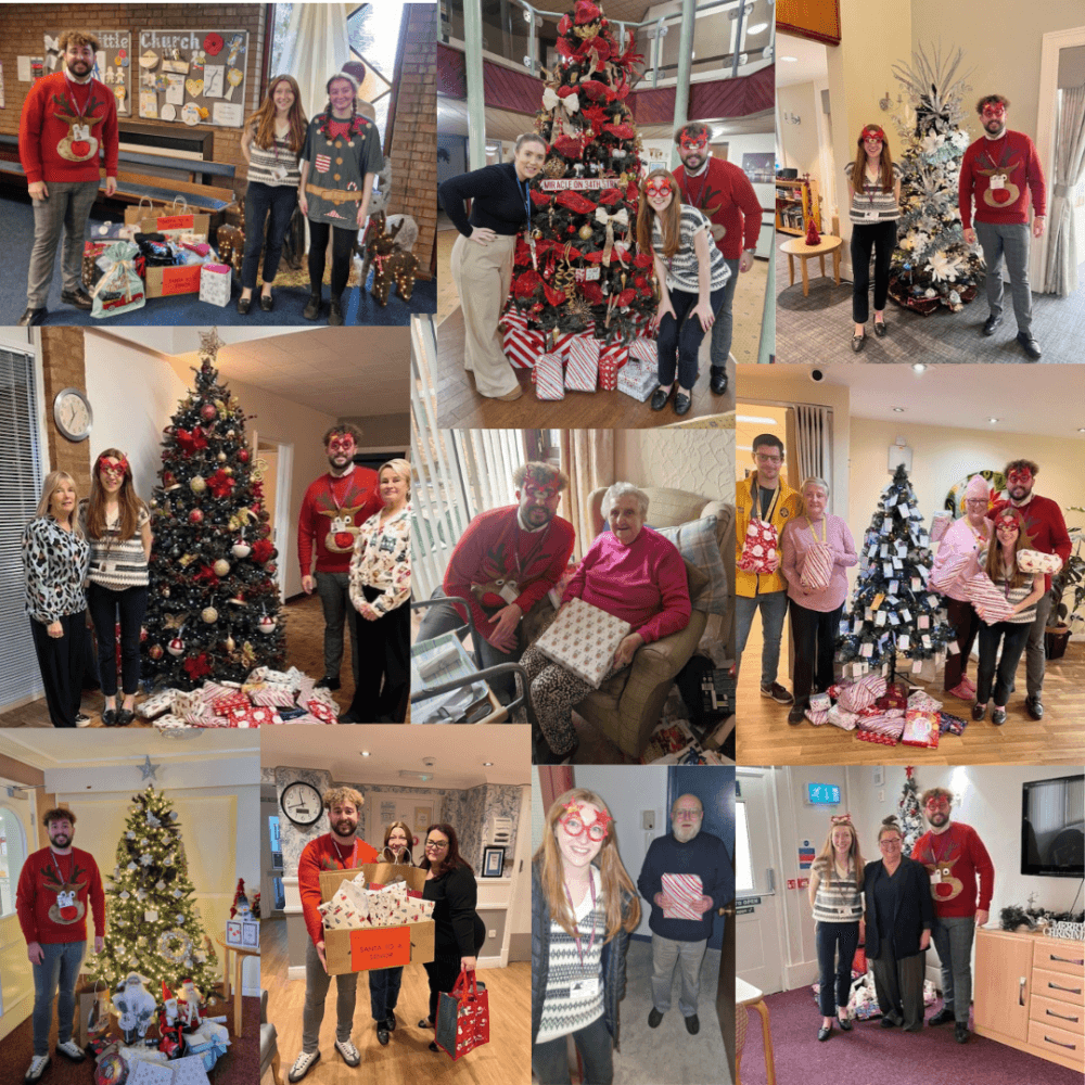 A collage of people celebrating Christmas with decorated trees, gifts, and festive outfits in various settings. - Home Instead