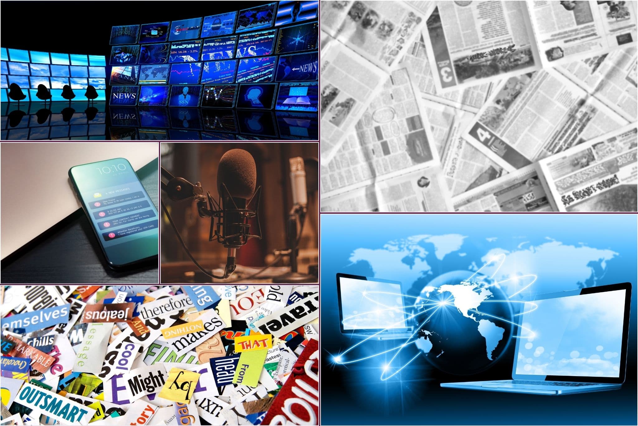 A collage of TV screens, newspapers, a smartphone, microphone, magazines, and laptops with a world map. - Home Instead