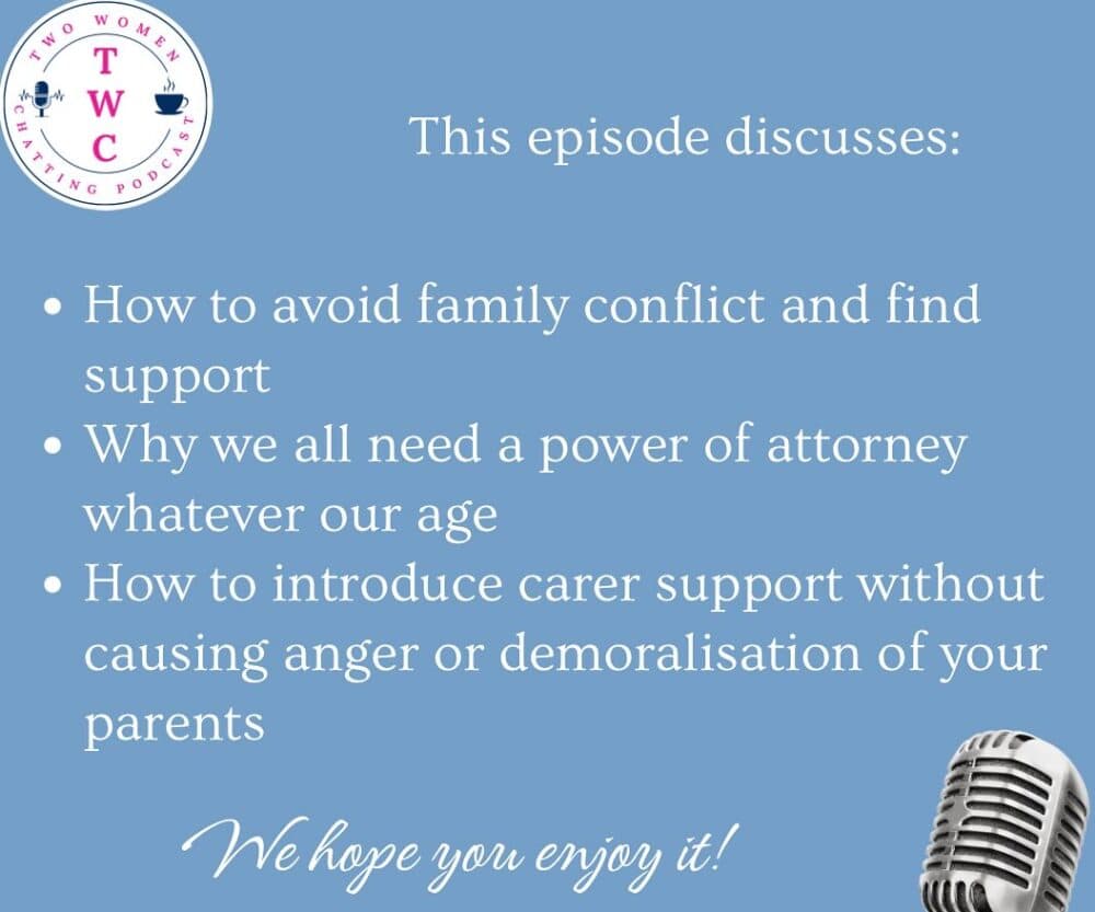 Podcast episode topics on family conflict, power of attorney, and carer support, with a microphone and logo. - Home Instead