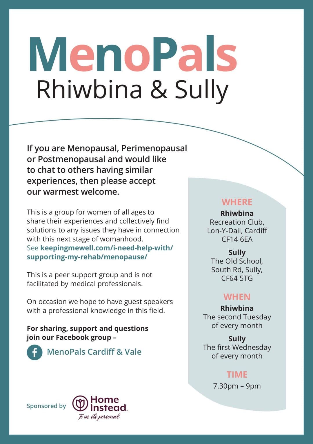 A flyer for MenoPals Rhiwbina & Sully support group for menopausal women, with meeting details and contact info. - Home Instead