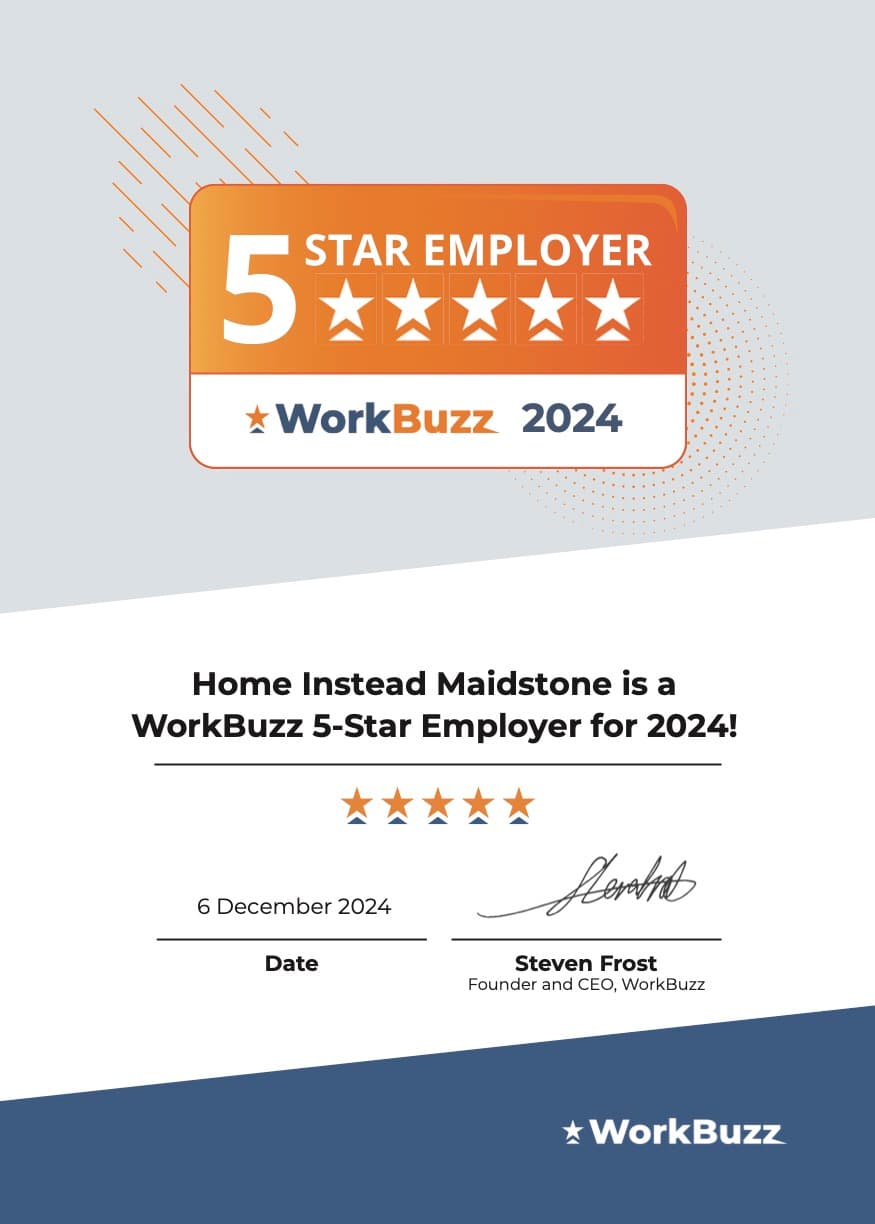 Certificate for Home Instead Maidstone as a WorkBuzz 5-Star Employer for 2024, signed by Steven Frost. - Home Instead