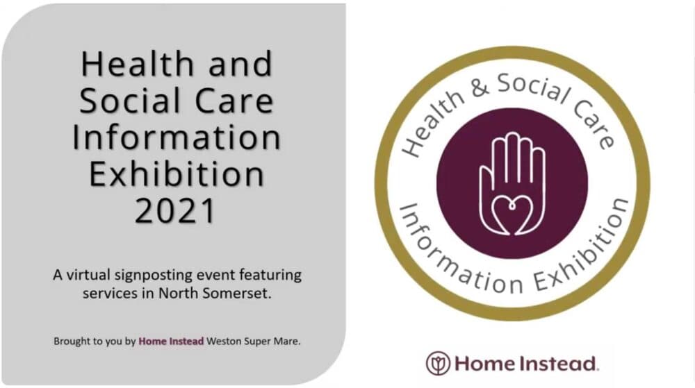 Health and Social Care Information Exhibition 2021 logo and event details, hosted by Home Instead. - Home Instead