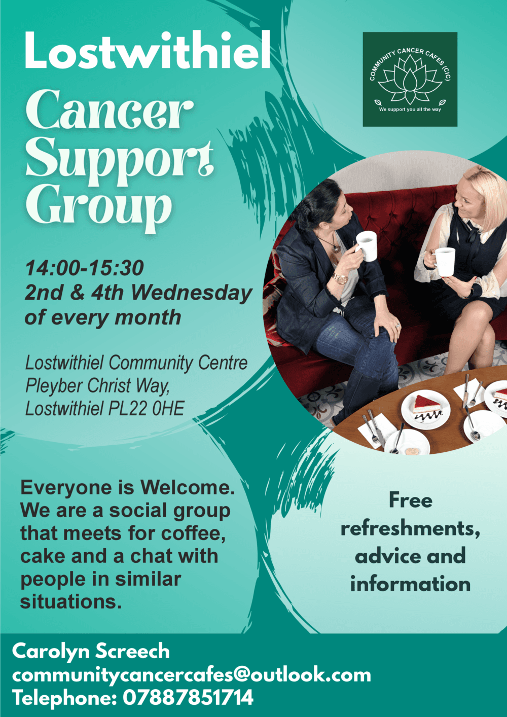 Two women sit on a sofa with coffee and cake at a cancer support group meeting, chatting and smiling. - Home Instead