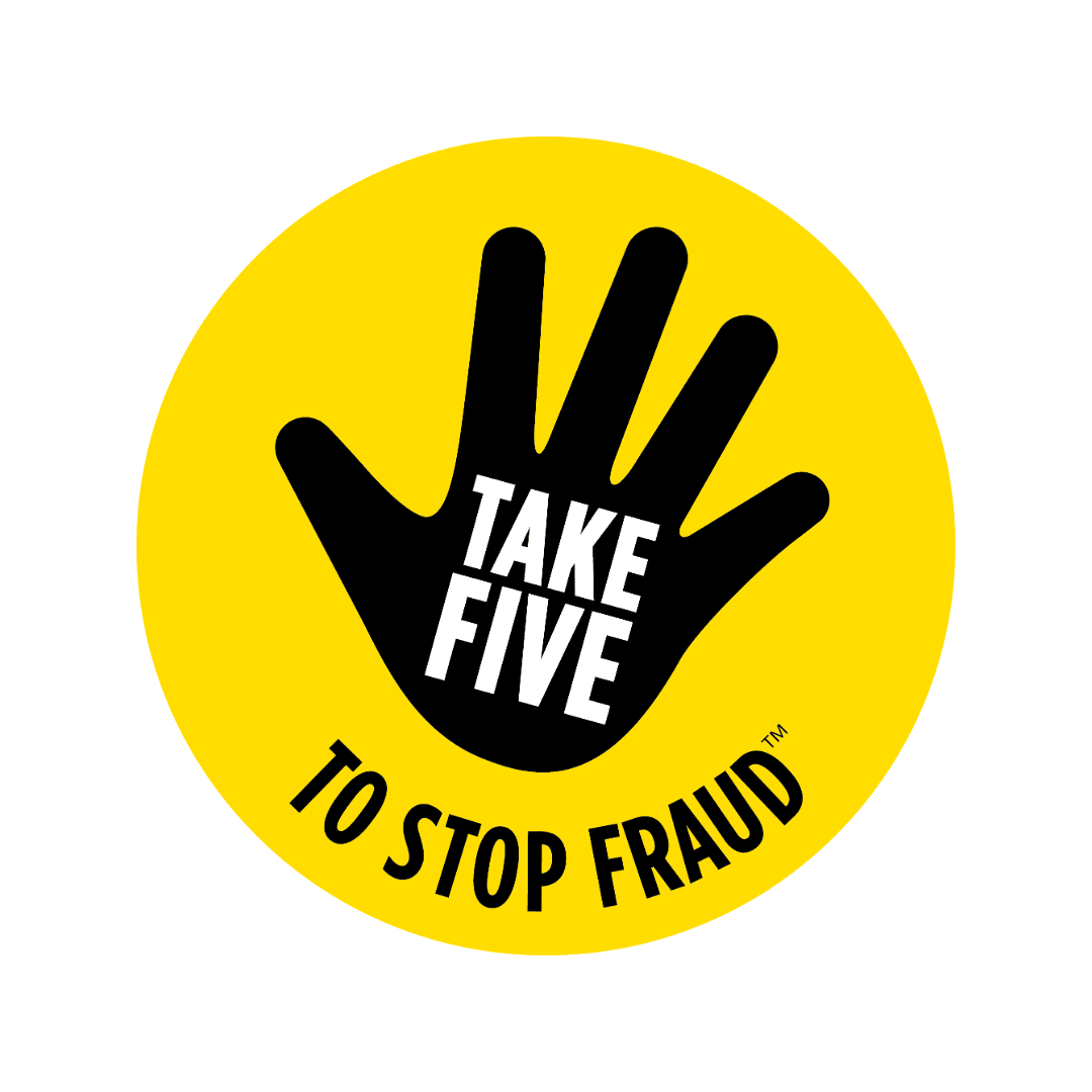 A black handprint with “TAKE FIVE” and “TO STOP FRAUD” on a yellow circle background. - Home Instead