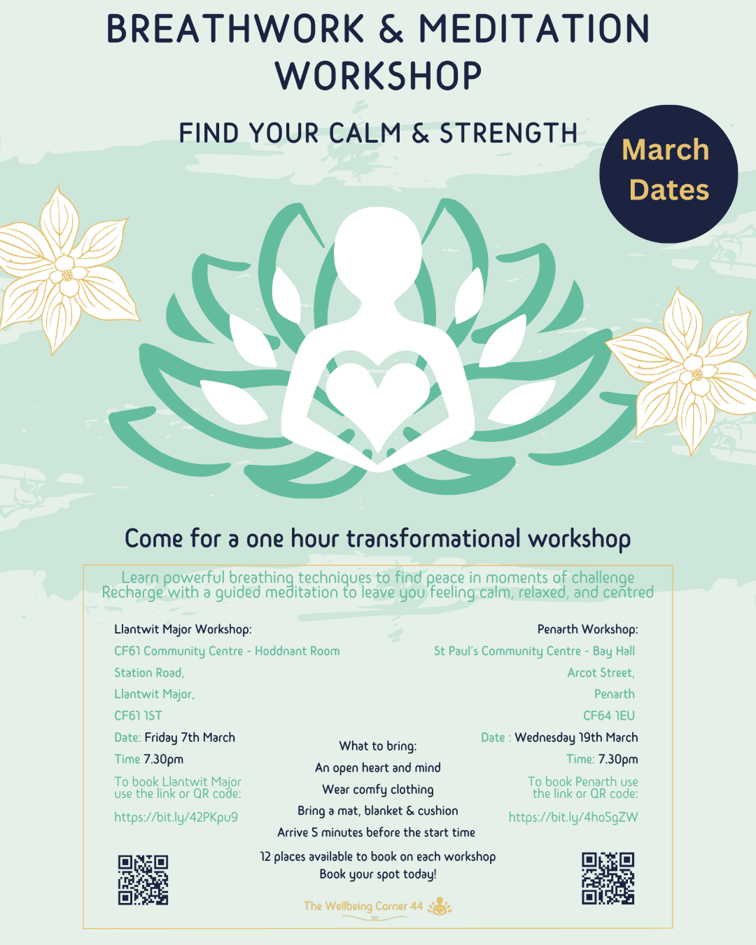 Poster for a breathwork and meditation workshop with dates, times, locations, and calming graphic elements. - Home Instead