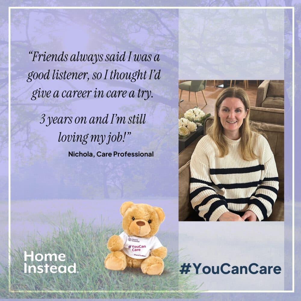 Woman in a striped sweater smiling on a couch, with a quote about caring and a teddy bear. #YouCanCare. - Home Instead