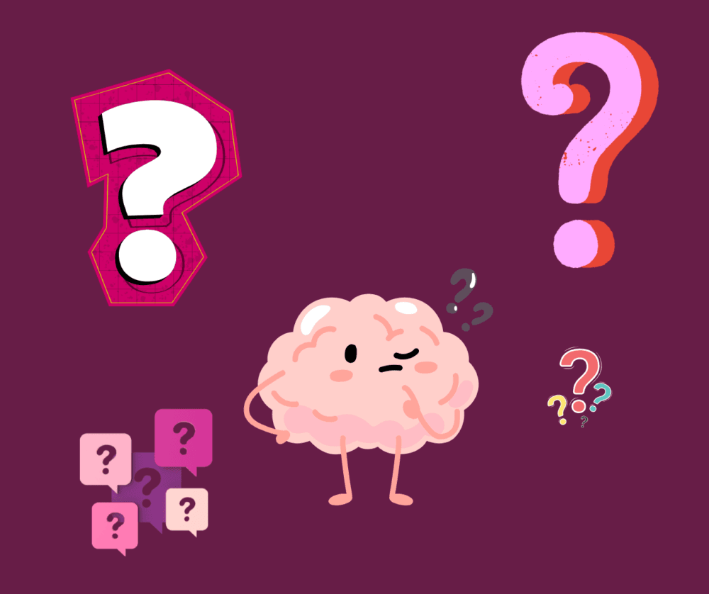 A cartoon brain is shown thinking, surrounded by question marks