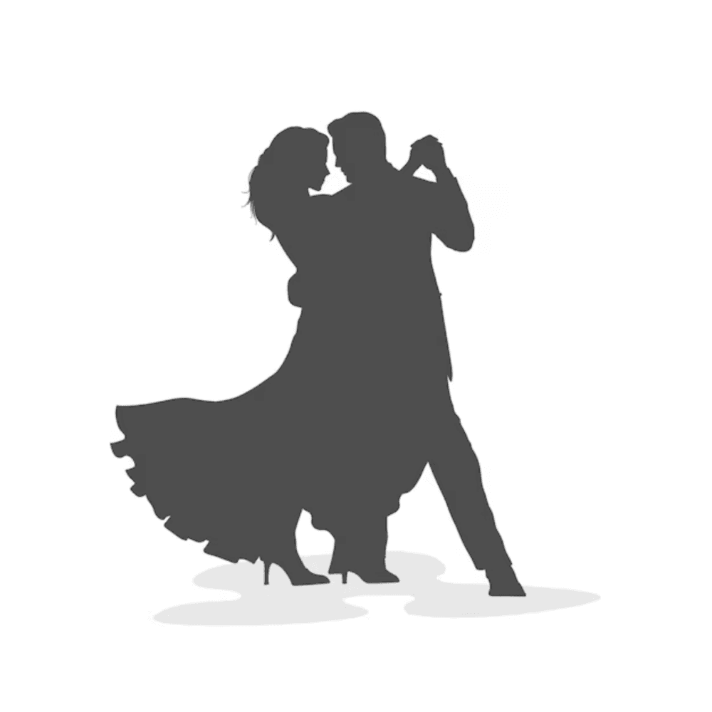 Silhouette of a couple dancing closely, with the woman wearing a flowing dress and heels. - Home Instead